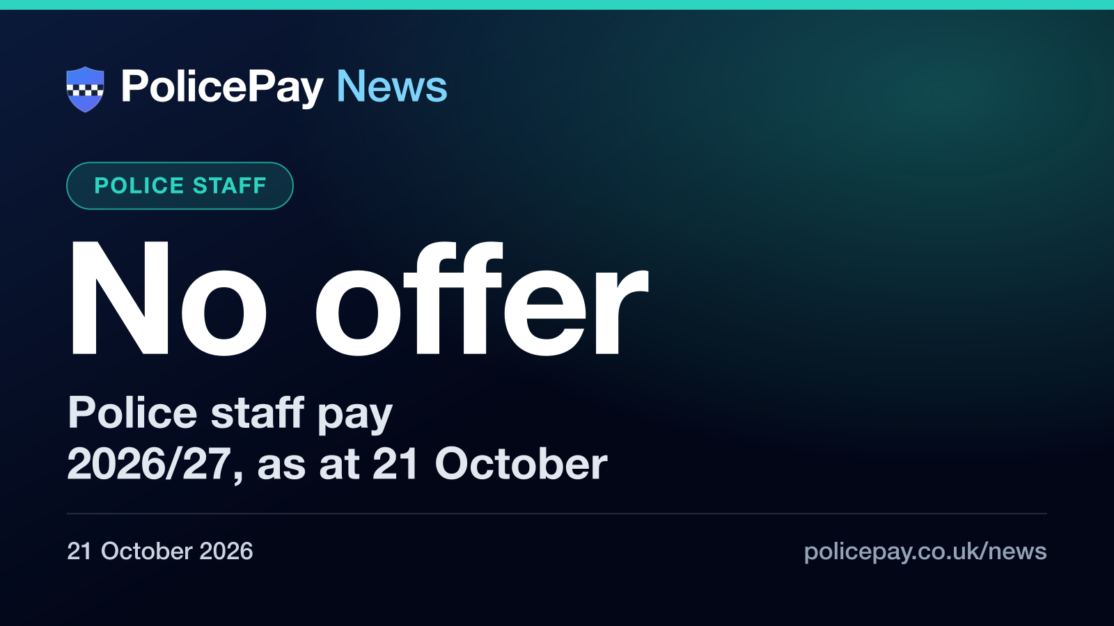 PolicePay news graphic: no police staff pay offer for 2026/27 as at 21 October 2026.