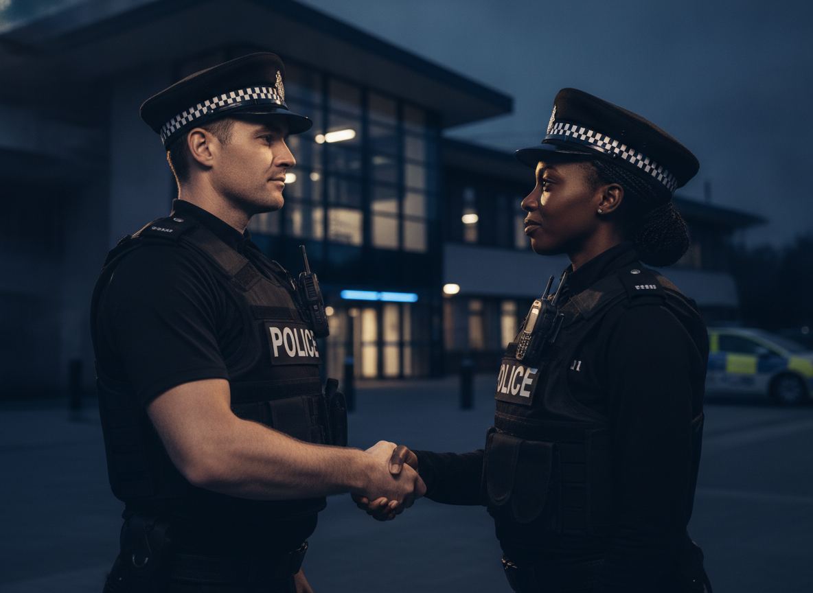 Two police officers shaking hands outside a police station at dusk