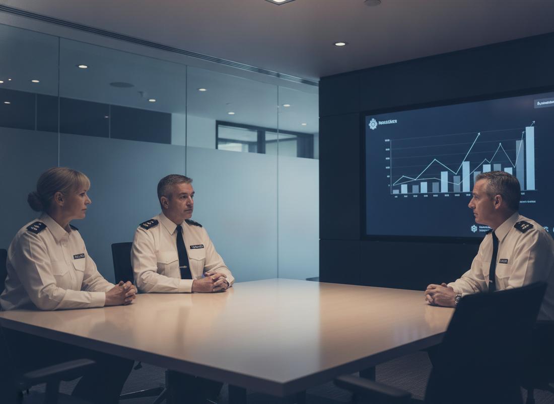 Senior police leadership reviewing recruitment analytics in a briefing room
