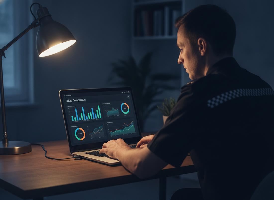 Police officer researching salary comparisons on a laptop in the evening